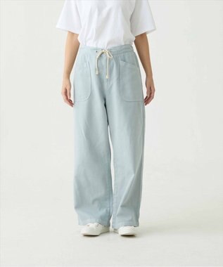 caqu color linen easy wide カラーコットンリネンウエストゴムワイドストレート saxe
