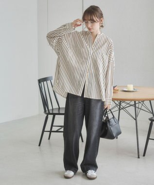 WEGO 着丈が選べる オーバーサイズ バンドカラー シャツ / ストライプ / 無地 柄3