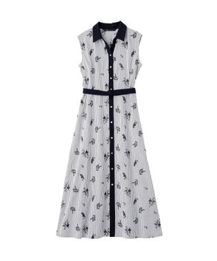 YECCA VECCA ストライプ柄フラワー刺繍ワンピース Navy