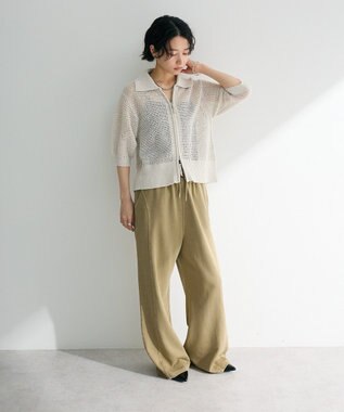 Green Parks 襟付きメッシュ編みＺＩＰカーディガン Light Gray