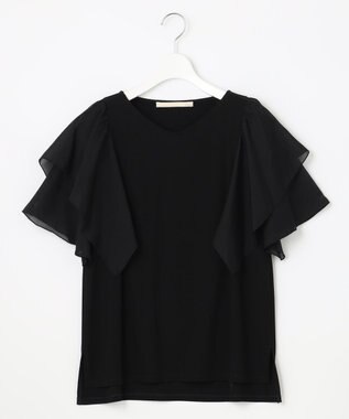 自由区 L 【洗える】ドレーピーポンチラッフルスリーブ カットソー ブラック系