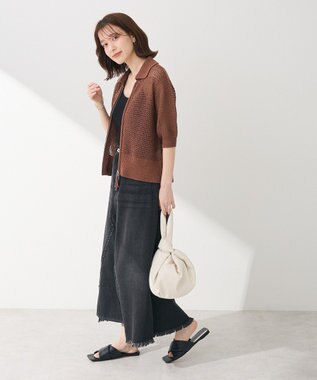 Green Parks 襟付きメッシュ編みＺＩＰカーディガン Brown