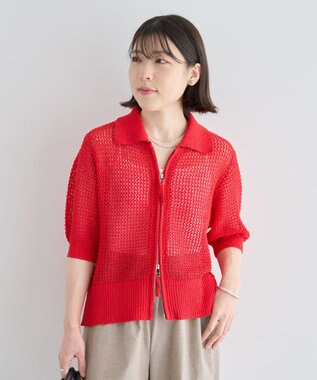 Green Parks 襟付きメッシュ編みＺＩＰカーディガン Red