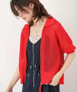 Green Parks 襟付きメッシュ編みＺＩＰカーディガン Red
