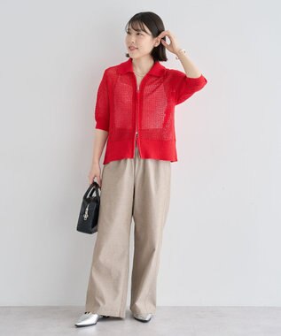 Green Parks 襟付きメッシュ編みＺＩＰカーディガン Red
