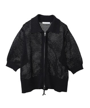 Green Parks 襟付きメッシュ編みＺＩＰカーディガン Black