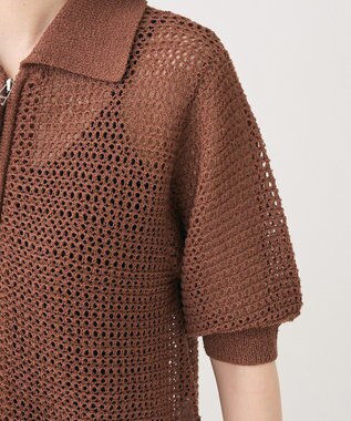 Green Parks 襟付きメッシュ編みＺＩＰカーディガン Brown
