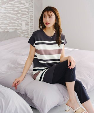 Tiaclasse 【新色追加・洗える】マルチボーダーフレンチニットチュニック ネイビー×オフ×ラベンダー