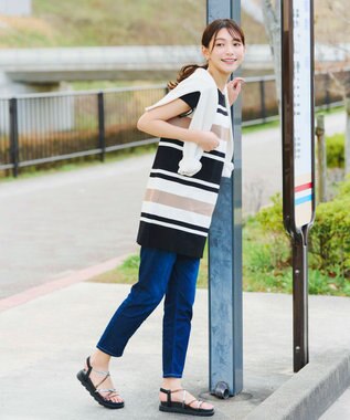 Tiaclasse 【新色追加・洗える】マルチボーダーフレンチニットチュニック ブラック×オフ×モカ