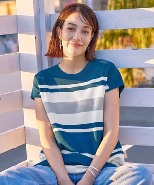 Tiaclasse 【新色追加・洗える】マルチボーダーフレンチニットチュニック ターコイズ×オフ×グレー