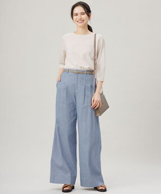 自由区 L 【接触冷感・UVカット・洗える】ストライプコットンハイゲージフォルムスリーブ カットソー オフ×シナモン