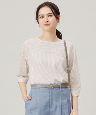 【接触冷感・UVカット・洗える】ストライプコットンハイゲージフォルムスリーブ カットソー
