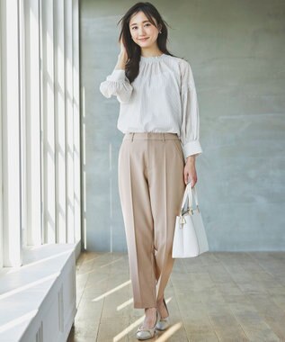 ANY SIS 【洗える】シャーリングフリルスタンド ブラウス グレーストライプ