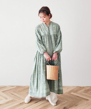CRAFT STANDARD BOUTIQUE インド綿パネル柄ウエスト切り替えボリュームワンピース Light Green
