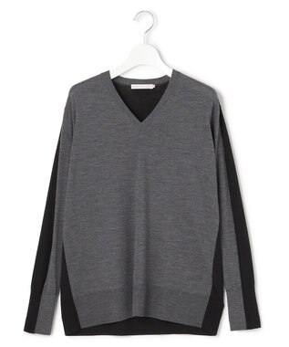 ICB L 【洗える】コンパクトファインウール Vネックニット ミディアムグレー×ブラック系