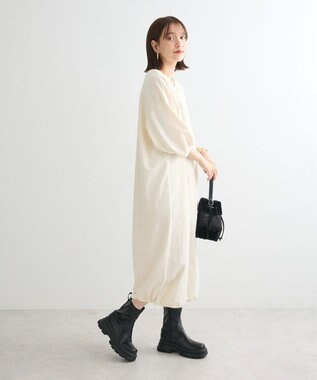 Green Parks ７分袖裏毛ドッキングロゴワンピース Ecru