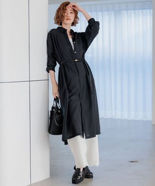 23区 L 【洗える】シアーマットクロス ロング シャツ ブラック系