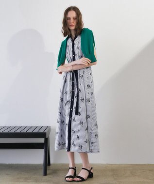 YECCA VECCA ストライプ柄フラワー刺繍ワンピース Navy