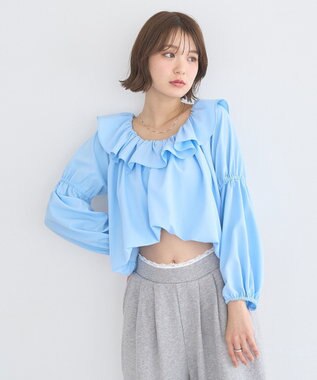 earth music&ecology 2wayオフショルバルーンヘムフリルブラウス Blue