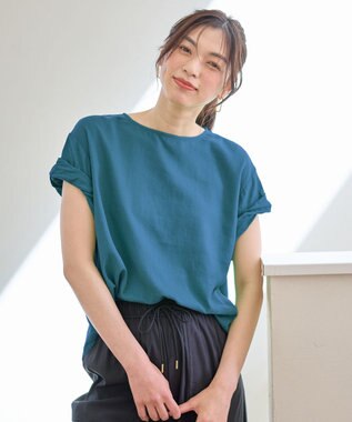 ANY 【手洗い可】ヨーロピアンリネンツイストスリーブブラウス ターコイズ