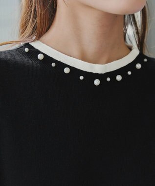 Tiaclasse L 【洗える】襟パール配色ニットトップス ブラック