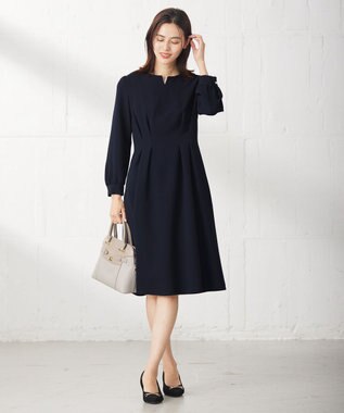 ANY SIS 【洗える】パール調ラインフレア ワンピース ネイビー