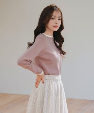 Tiaclasse L 【洗える】襟パール配色ニットトップス ピンク