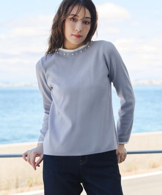 Tiaclasse L 【洗える】襟パール配色ニットトップス サックス