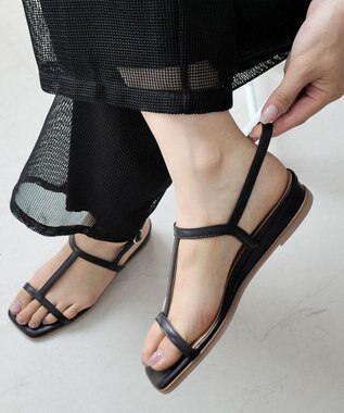 Pointer 日本製 本革ゴム仕様ストラップスクエアトゥサンダル ブラック