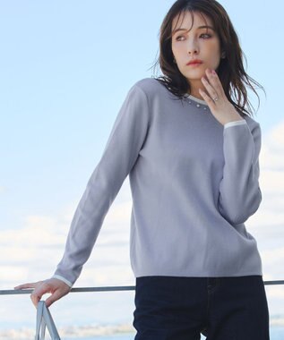 Tiaclasse L 【洗える】襟パール配色ニットトップス サックス