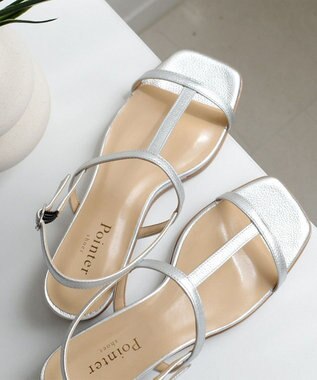 Pointer 日本製 本革ゴム仕様ストラップスクエアトゥサンダル シルバー