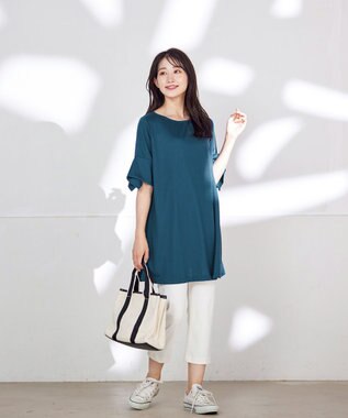 Tiaclasse 【洗える】フレアカフスポンチチュニックブラウス ターコイズ