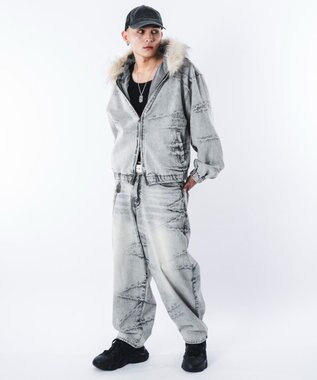 WEGO 【ユニセックス着用ITEM】ファーフードスラッシュデニムブルゾン グレー