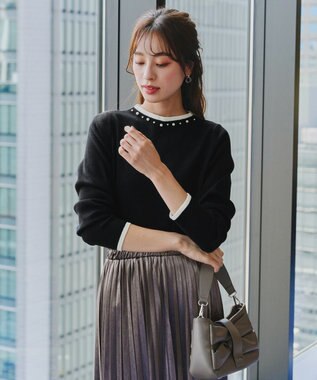 Tiaclasse L 【洗える】襟パール配色ニットトップス ブラック