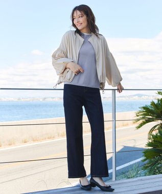 Tiaclasse L 【洗える】襟パール配色ニットトップス サックス