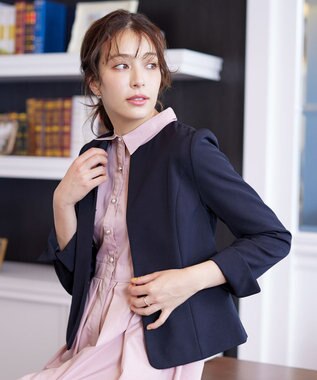 Tiaclasse L 【ダブルクロス・洗える】ノーカラージャケット ネイビー