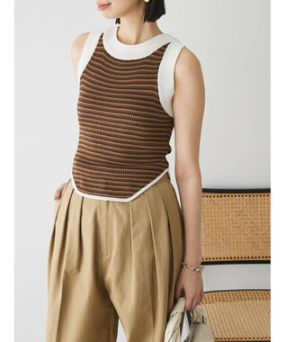 Green Parks デザインヘム配色ニットタンクトップ Brown