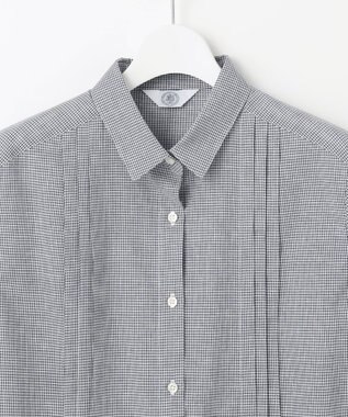 J.PRESS LADIES 【洗える】リネンminiチェック フロントピンタック シャツ ネイビー系