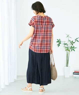 ANY 【洗える】イージーケアチェック ブラウス オレンジチェック