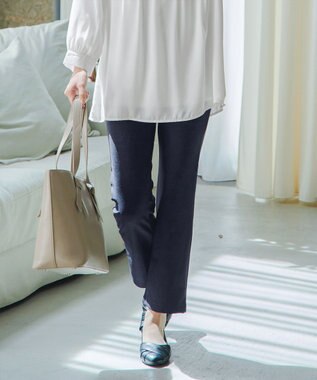 Tiaclasse L 【日本製】メランジプリント裏起毛スリムパンツ ネイビー