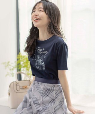 ANY SIS L 線画×刺繍ロゴ Tシャツ ネイビー×サロン