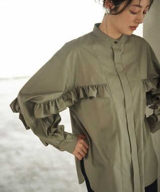 #Newans 【シワになりにくい/洗濯機可能】ラウンドフリルバンドカラーシャツ グレー