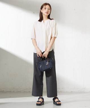 J.PRESS LADIES L 【洗える】麻ポリエステルストレッチ ワイド パンツ ブラックシャンブレー系