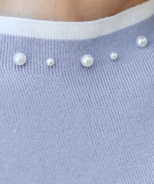 Tiaclasse L 【洗える】襟パール配色ニットトップス サックス