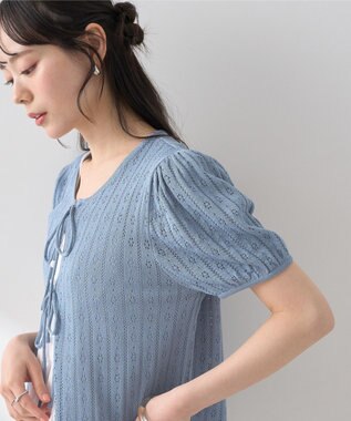 earth music&ecology 透かし編みフロントリボンカーディガン Grayish Blue