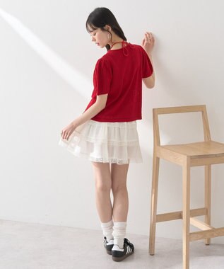 earth music&ecology 透かし編みフロントリボンカーディガン Red