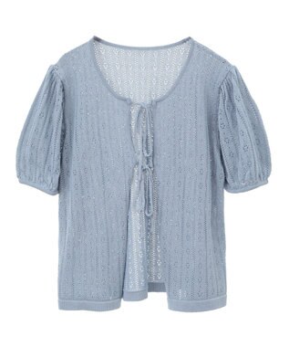 earth music&ecology 透かし編みフロントリボンカーディガン Grayish Blue