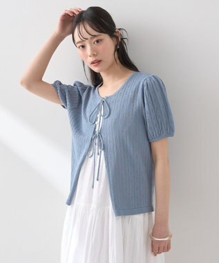 earth music&ecology 透かし編みフロントリボンカーディガン Grayish Blue