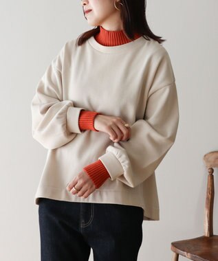Green Parks 配色リブニットドッキング裏起毛プルオーバ Beige