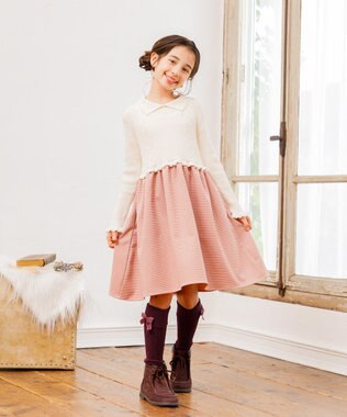 組曲 KIDS 【150-160㎝】千鳥ドッキング ワンピース アイボリー系